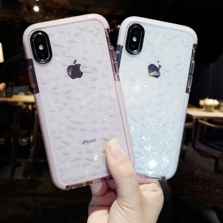 TPU iPhone case with stripe design in pink, white, or black border colours