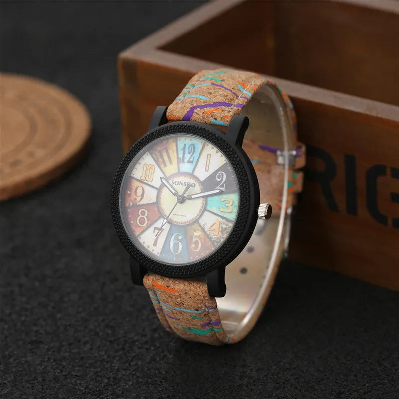 Women's vintage leather strap quartz watch with 37mm round dial and stainless steel buckle