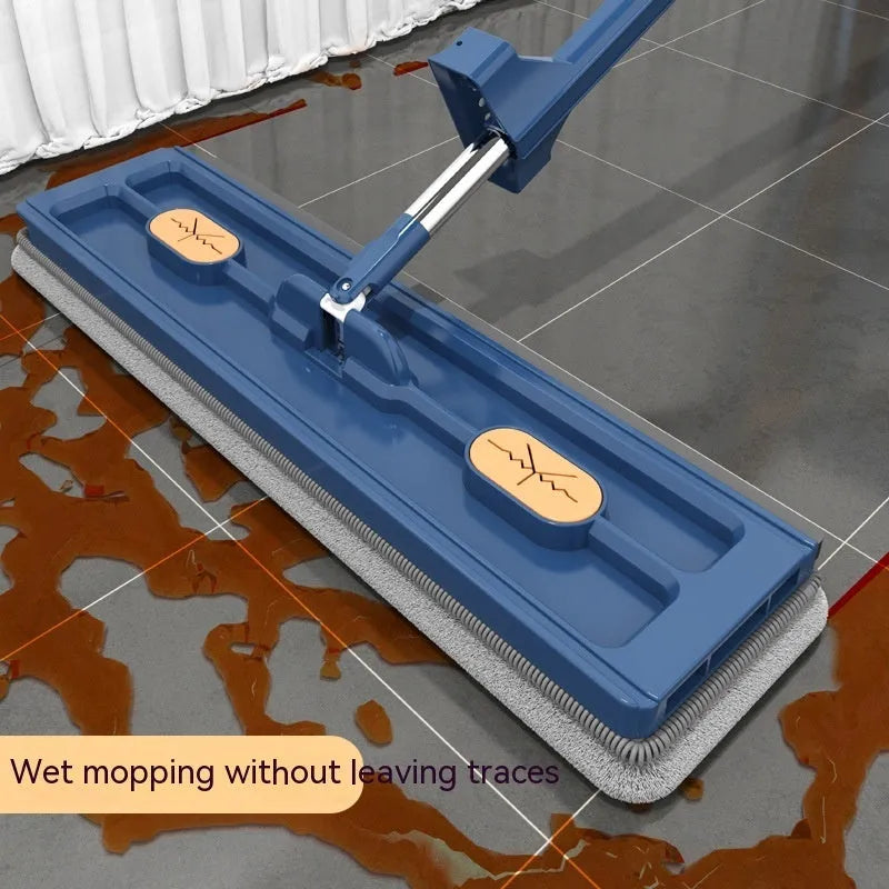 Large flat mop with stainless steel handle and blue cleaning cloths showing 360° rotating head mechanism