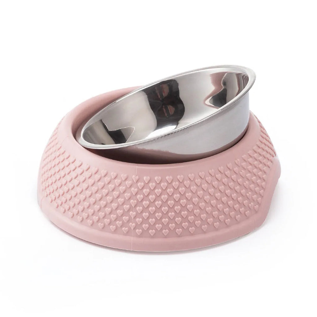 Set of four stainless steel pet bowls with non-slip bases in blue, green, and pink colours