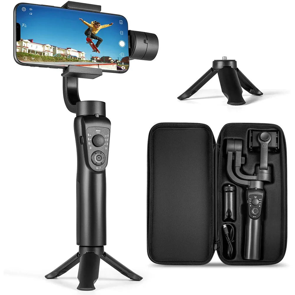 Black three-axis handheld gimbal stabilizer for mobile phones with extended battery and tripod