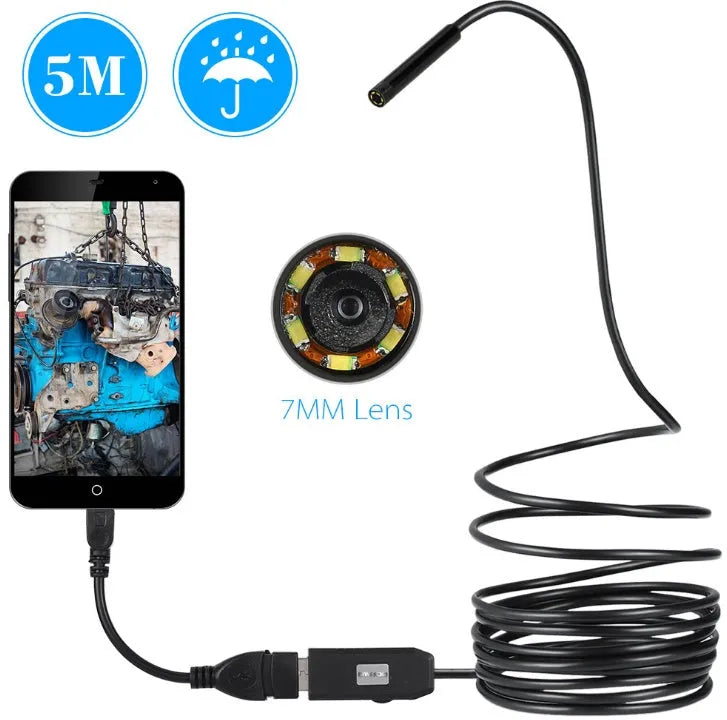 OWSOO USB endoscope camera with 5m cable, hook, magnet, and side mirror attachments for phone and computer inspections.