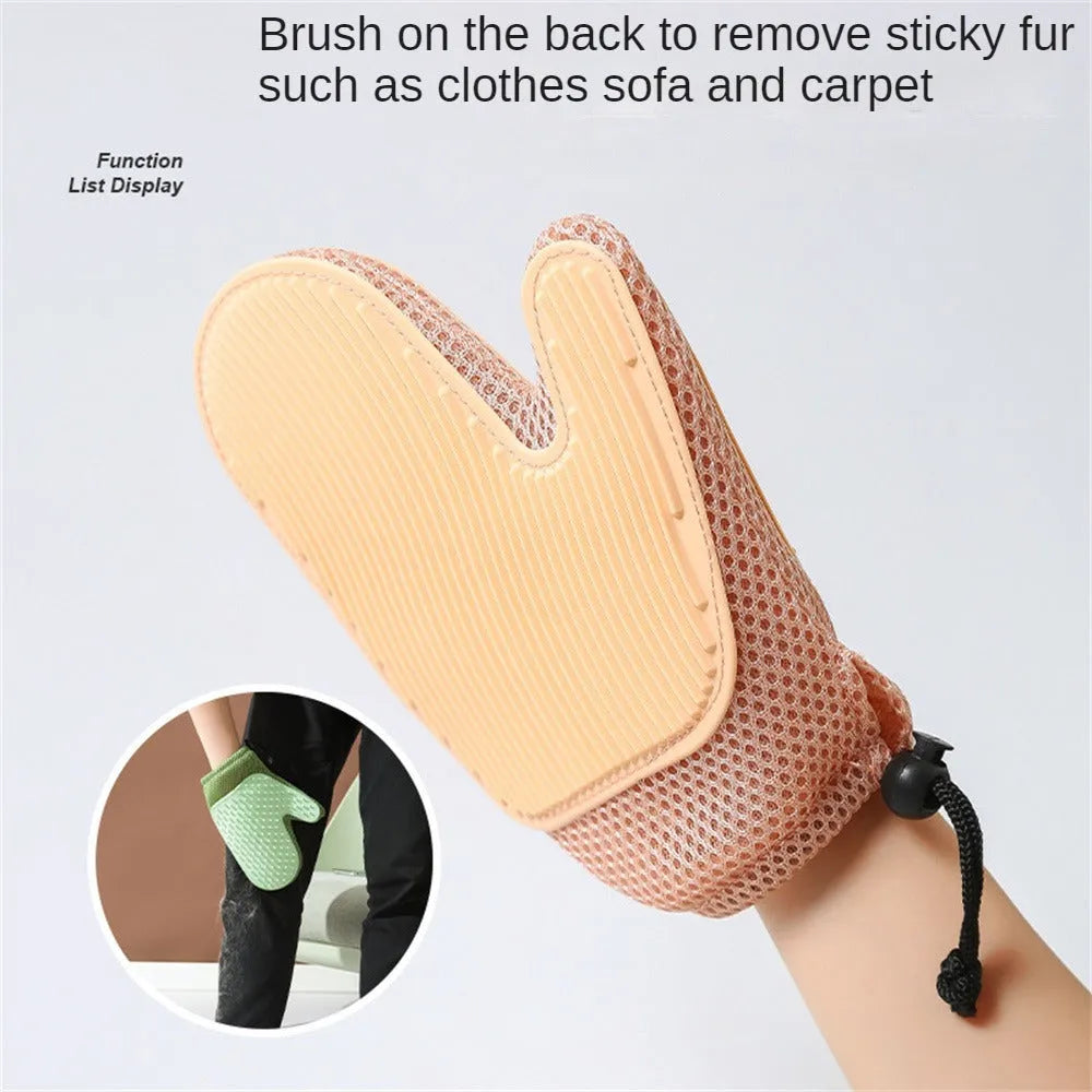Right hand pet hair removal glove in dark blue, light green or yellow for cat and dog grooming