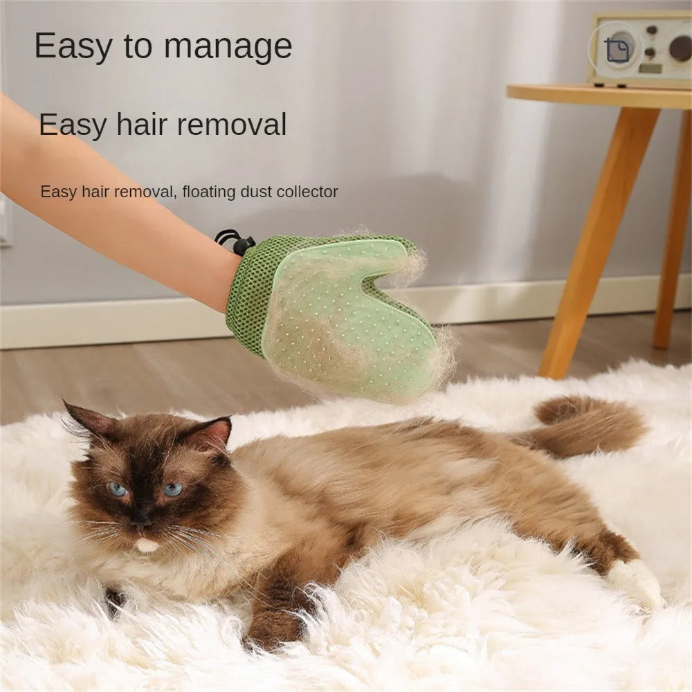 Right hand pet hair removal glove in dark blue, light green or yellow for cat and dog grooming