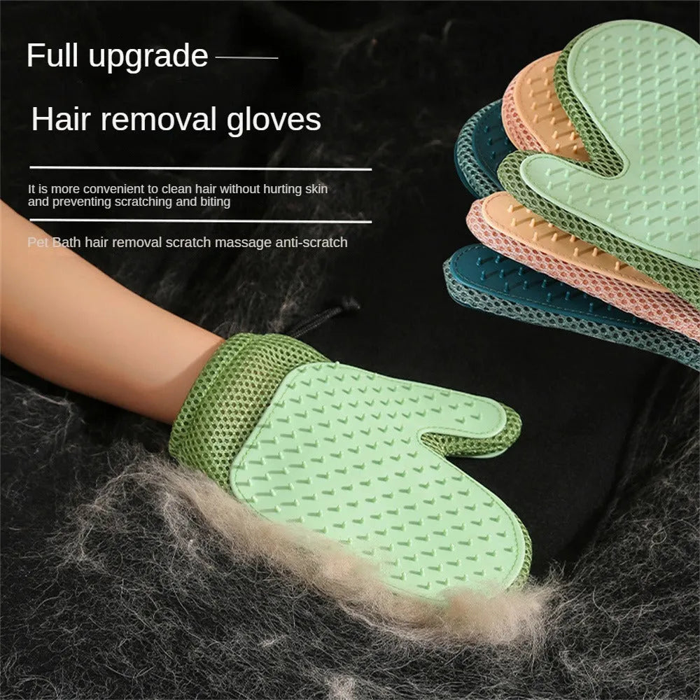 Right hand pet hair removal glove in dark blue, light green or yellow for cat and dog grooming
