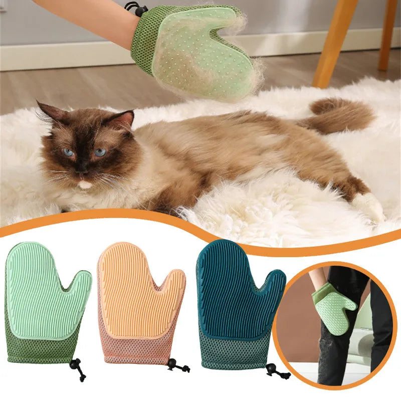 Right hand pet hair removal glove in dark blue, light green or yellow for cat and dog grooming