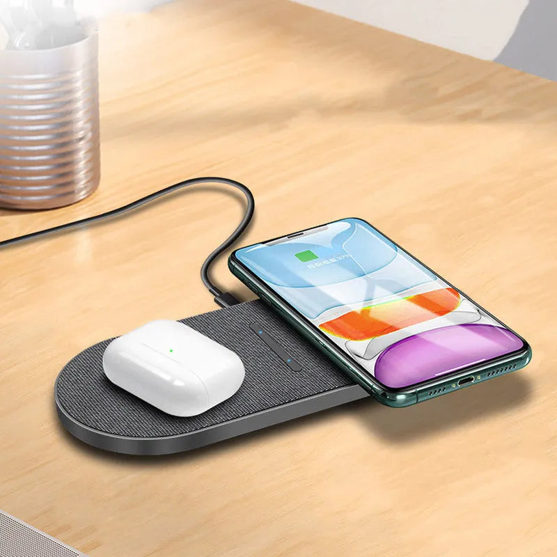 Black 10W wireless charger 2-in-1 set with two charging pads and LED indicators