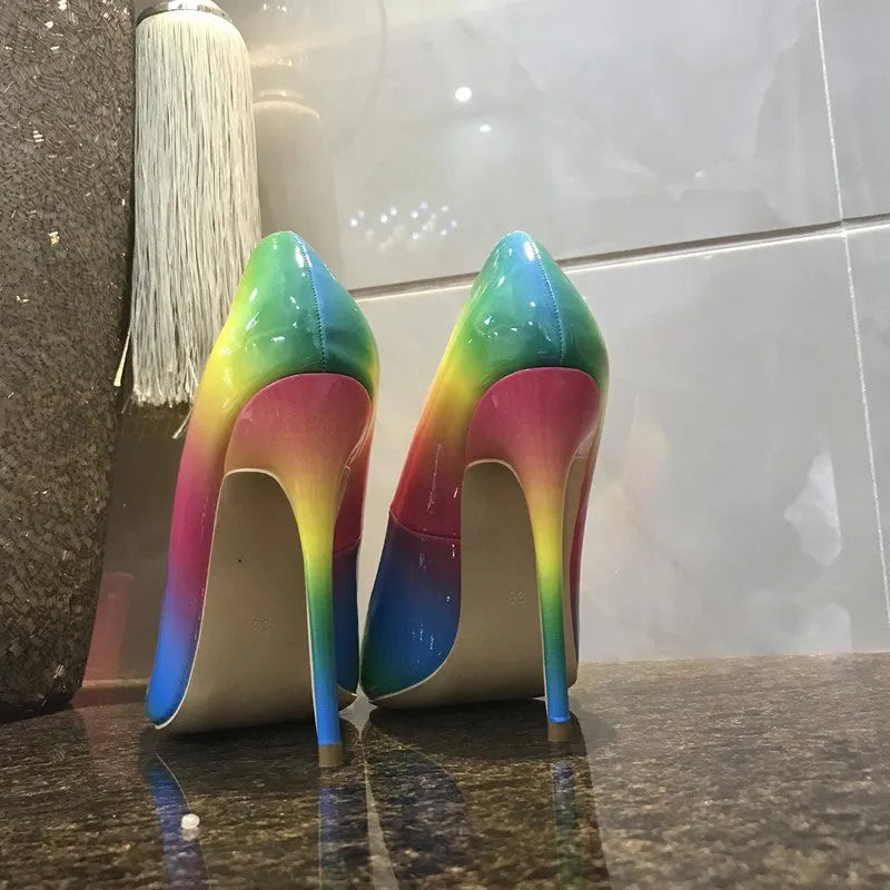 Rainbow patent leather ultra-high heel stiletto pumps with pointed toe