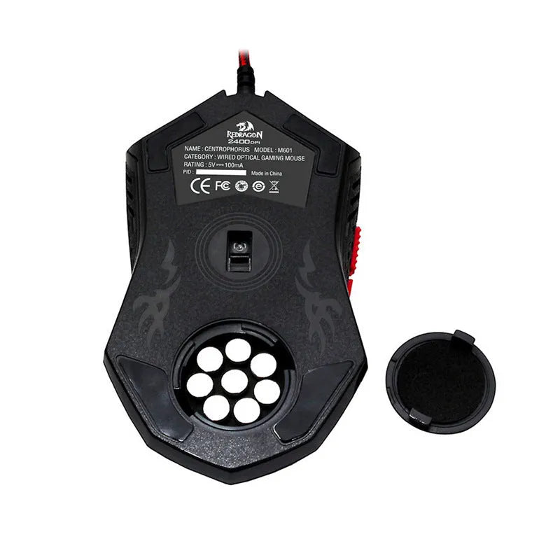 Black and red ergonomic USB wired gaming mouse with six buttons on a desk