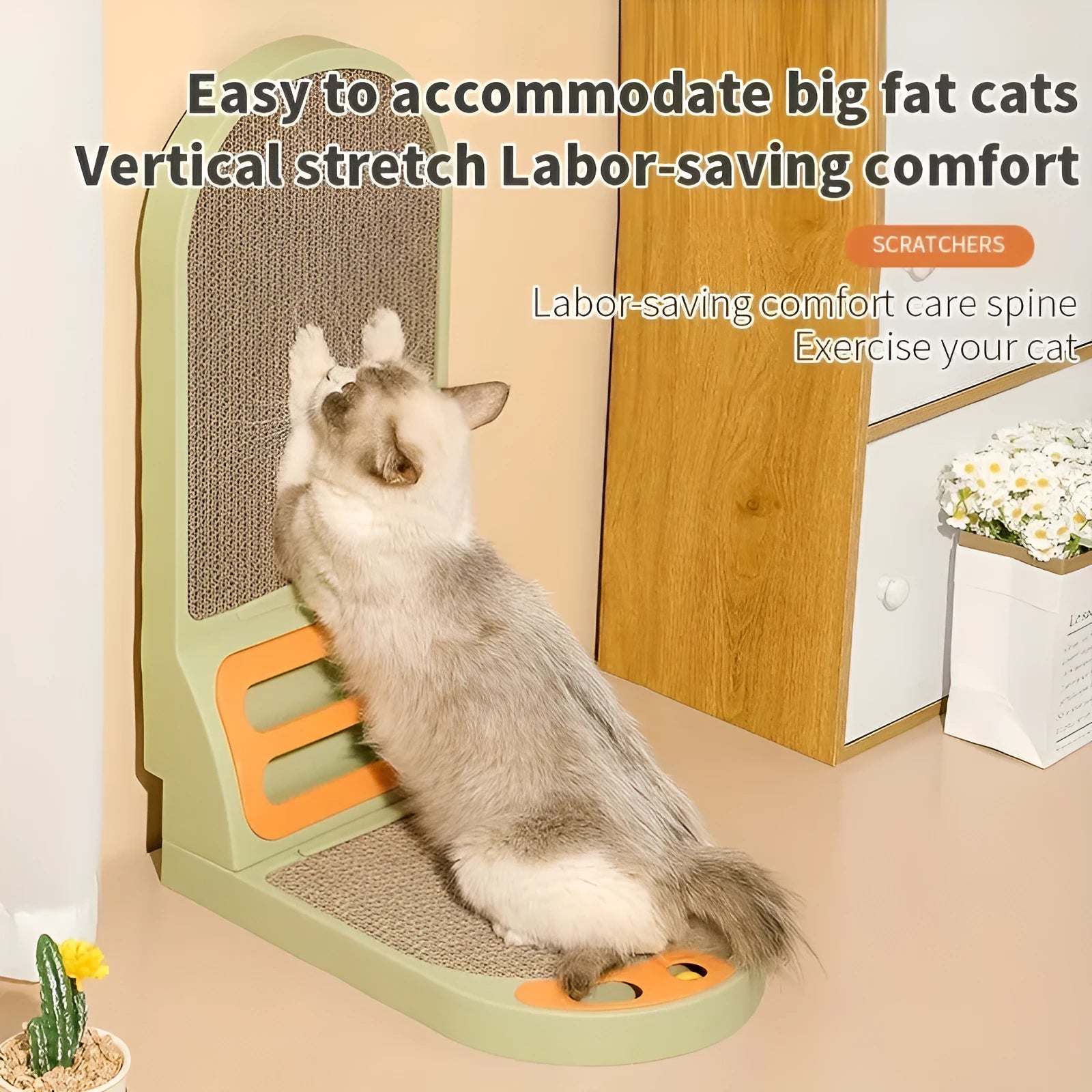 Grey L-shape vertical cat scratching board mounted on a wall for furniture protection.