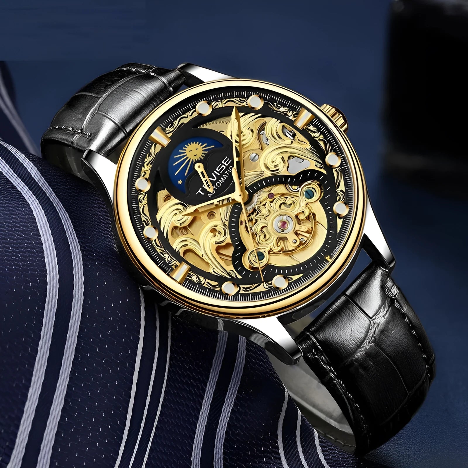 Men's automatic mechanical watch with leather band in gold or white, showing 16mm thickness and business style dial.