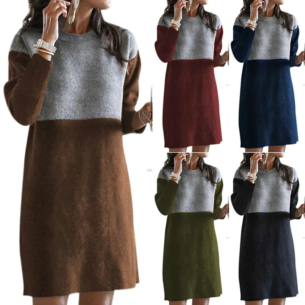Brown women's patchwork sweater dress with long sleeves and art retro styling