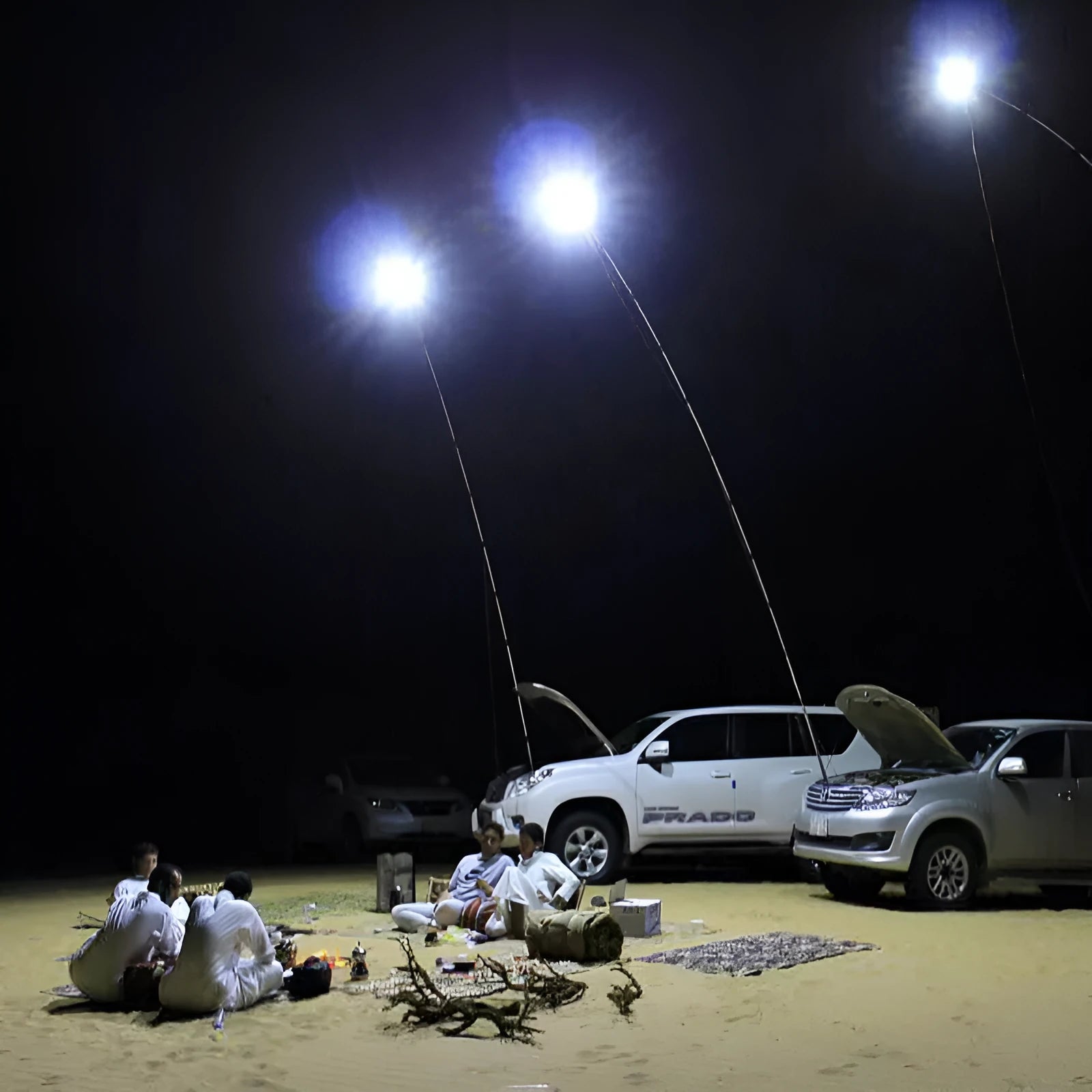 White LED fishing rod light unit with remote control next to extended telescopic pole