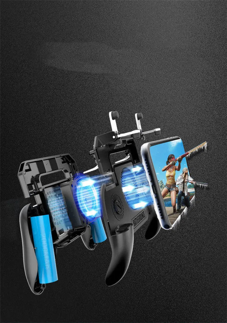 A mobile game controller with USB connector and aluminium alloy detailing, shown next to a smart phone.