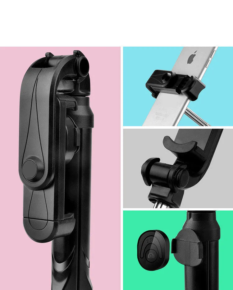 Black Bluetooth selfie stick with extended tripod legs and a phone clip rotated for horizontal filming.