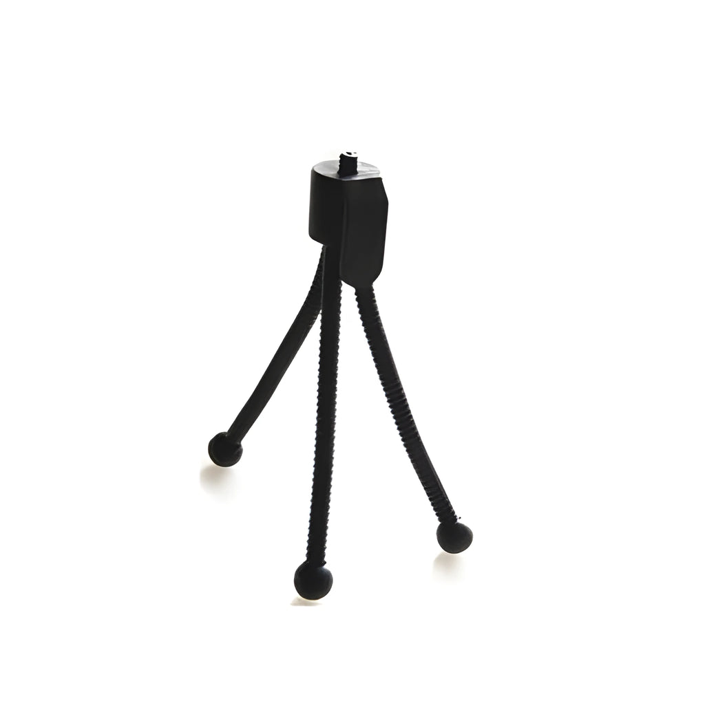 Small black iron mini tripod with ball head, shown extended next to a smartphone for scale.