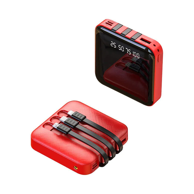 Black or red rectangular power bank with attached data cable, showing compact 80mm size.