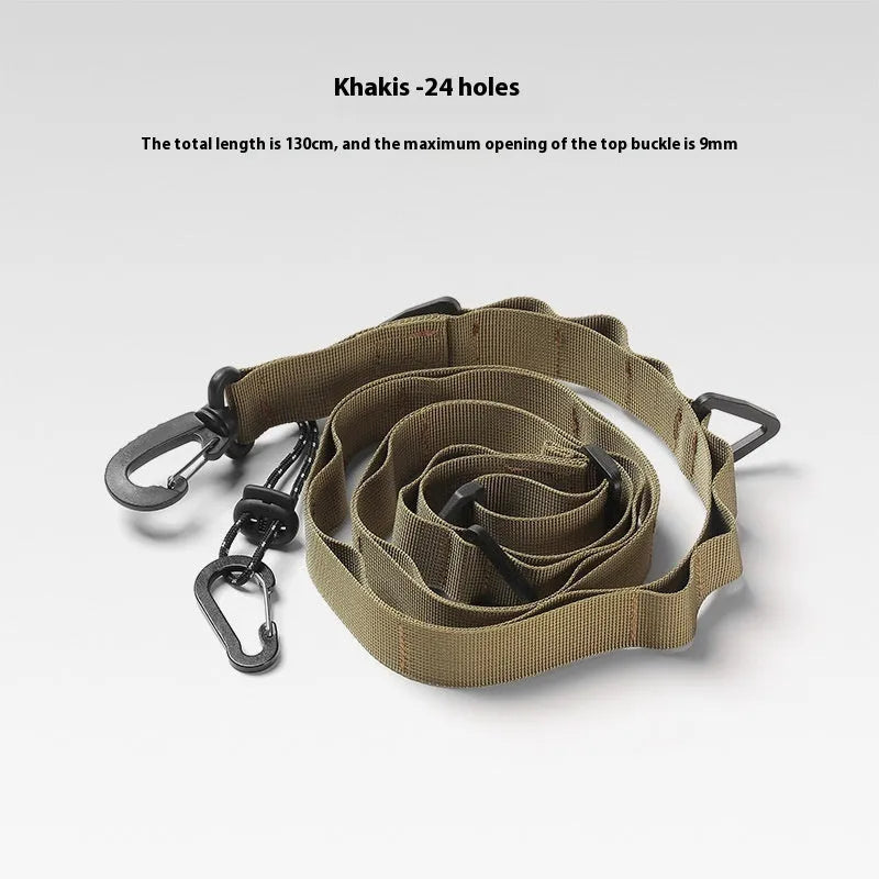 Black nylon hanging rope clothesline and storage belt stretched out, showing its 130cm length.
