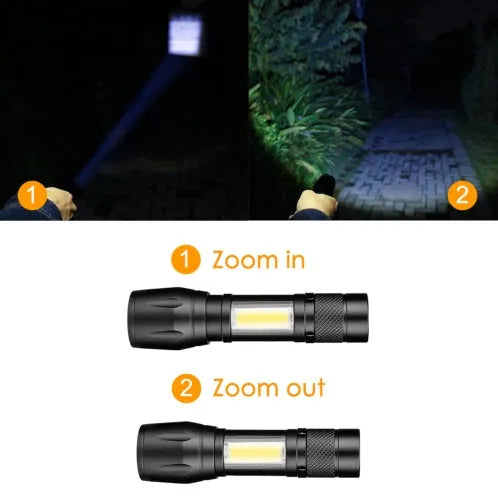 Black aluminium alloy telescopic LED flashlight with zoom adjustment and clip for portable use