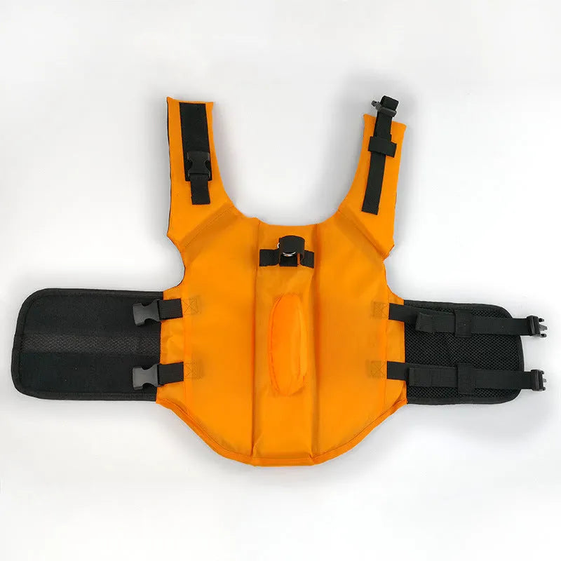 Shark dog life vest in blue or orange cloth with buckle, sizes XS to XXL