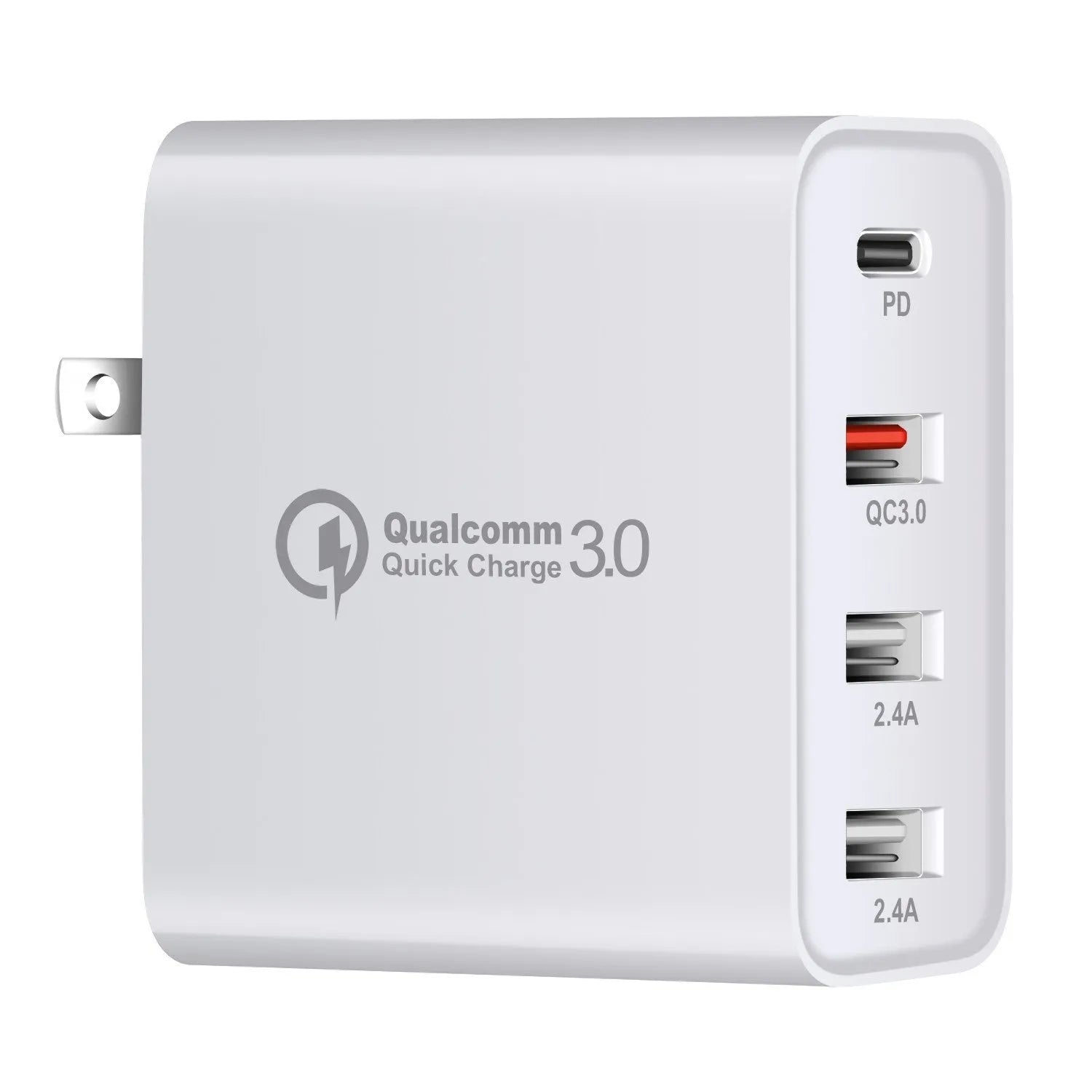Black 48W PD fast charger with four Type-C USB ports shown with UK plug.