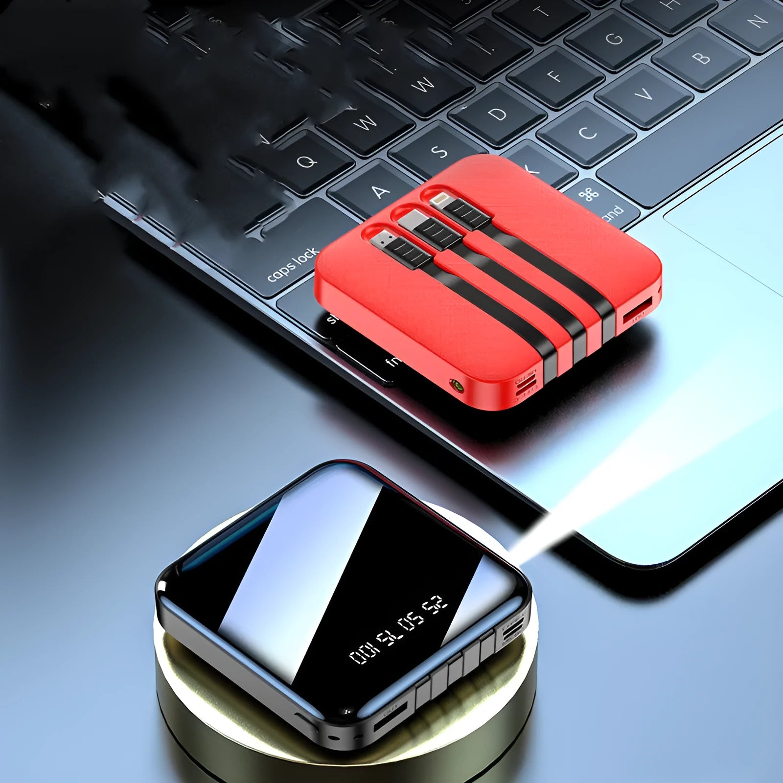Black or red rectangular power bank with attached data cable, showing compact 80mm size.