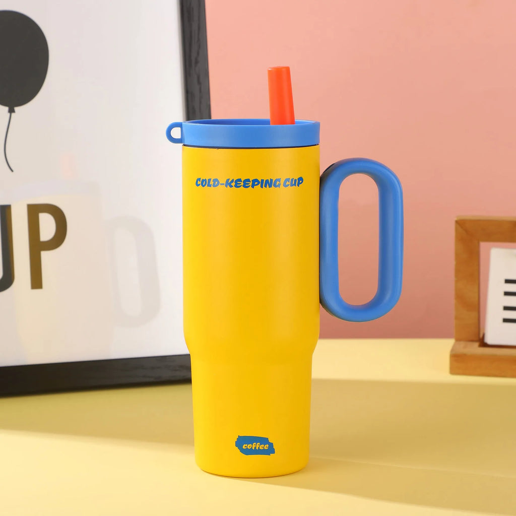 Large portable insulated straw cup with carry handle in choice of colours.