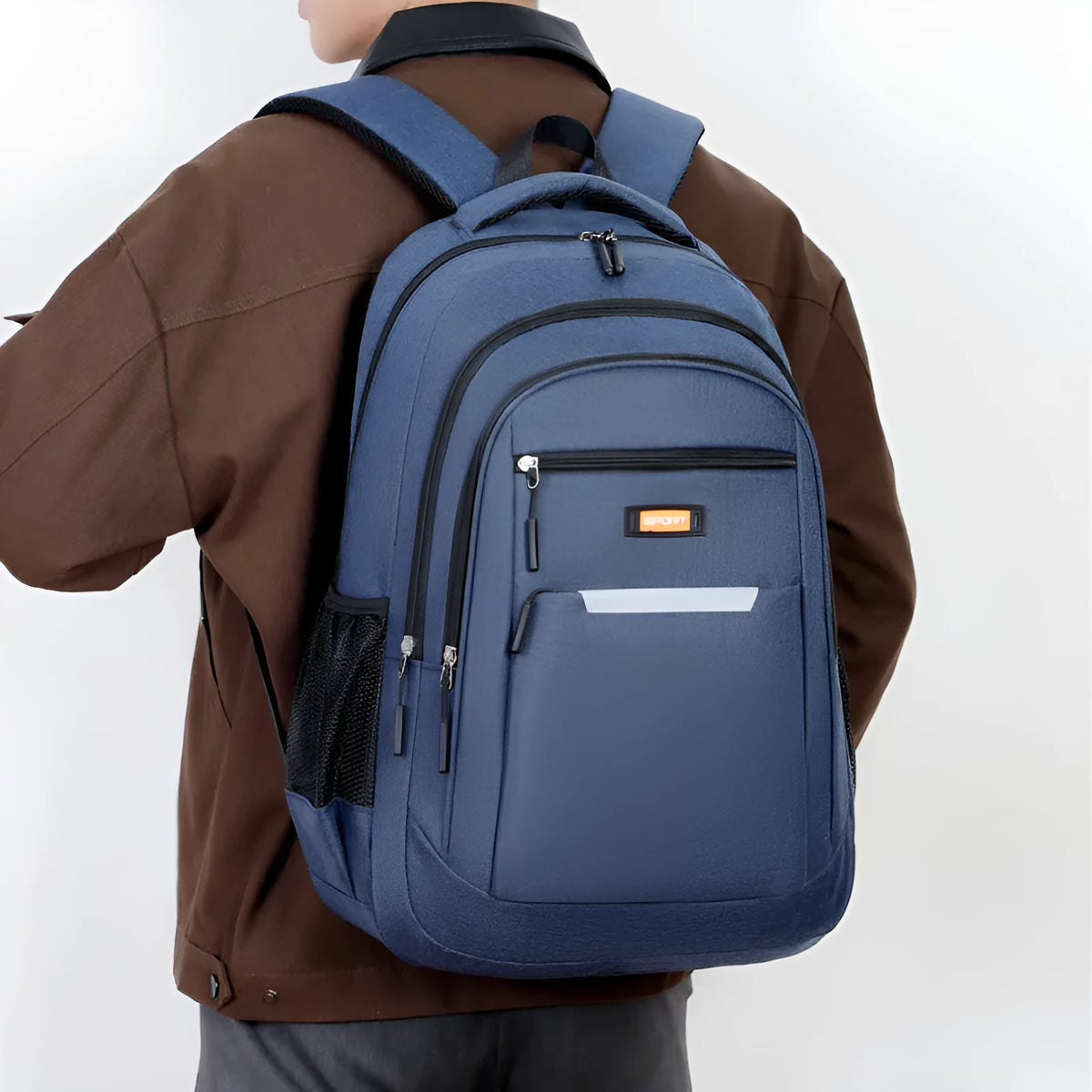 Men's casual oxford cloth backpack shown in available colours: grey, black, green, and blue.