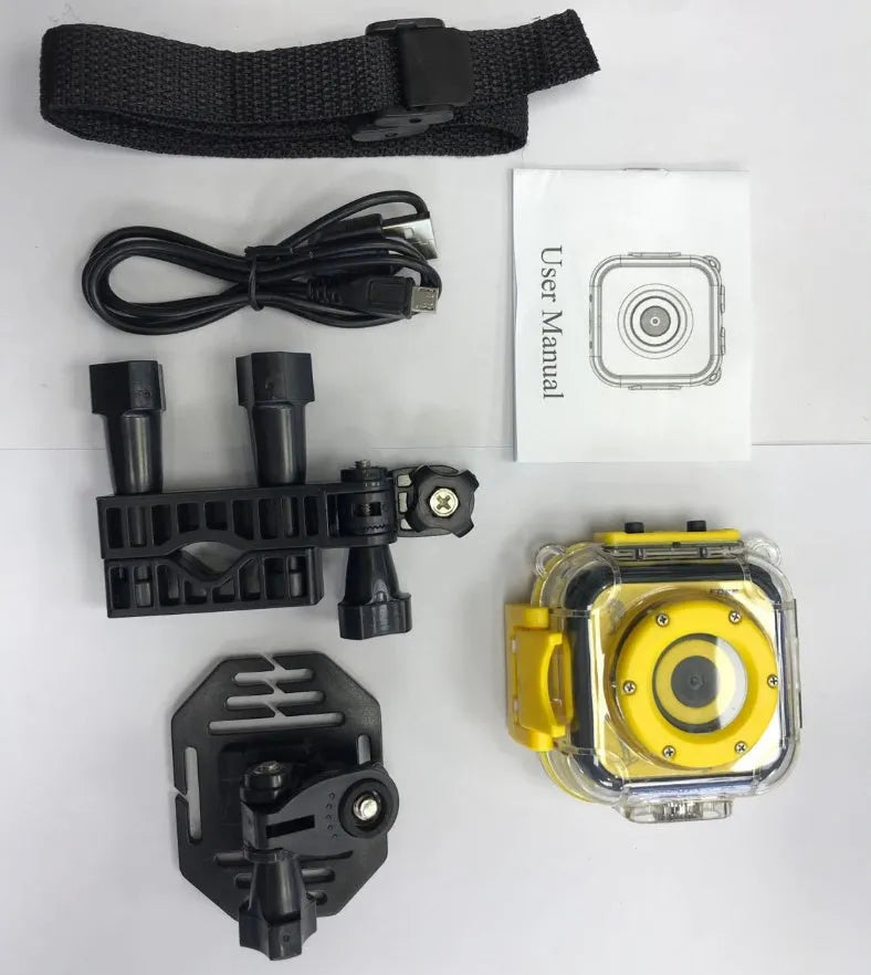 Yellow children's waterproof sports camera showing 1.77-inch screen and compact 60mm size