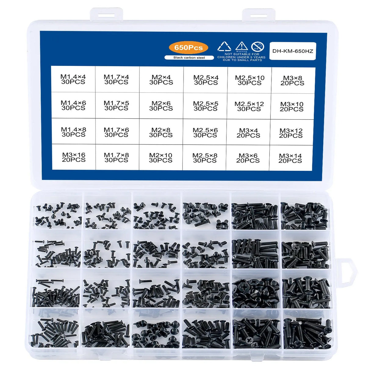 Black countersunk head machine screws for laptop repair, shown in a pile next to a box.
