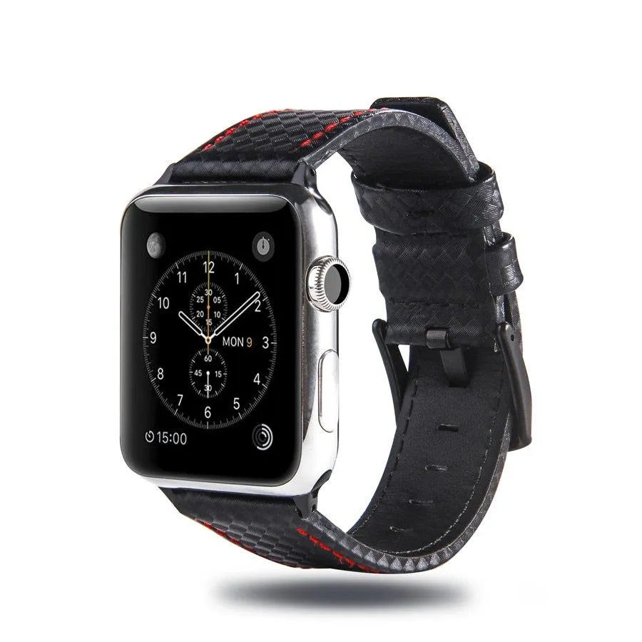 Apple Watch with black leather strap, carbon fibre details, and PC hard shell case with carbon fibre pattern.