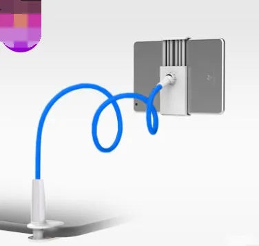 Black aluminium alloy bedside phone stand with a long flexible arm holding a mobile phone on a table.