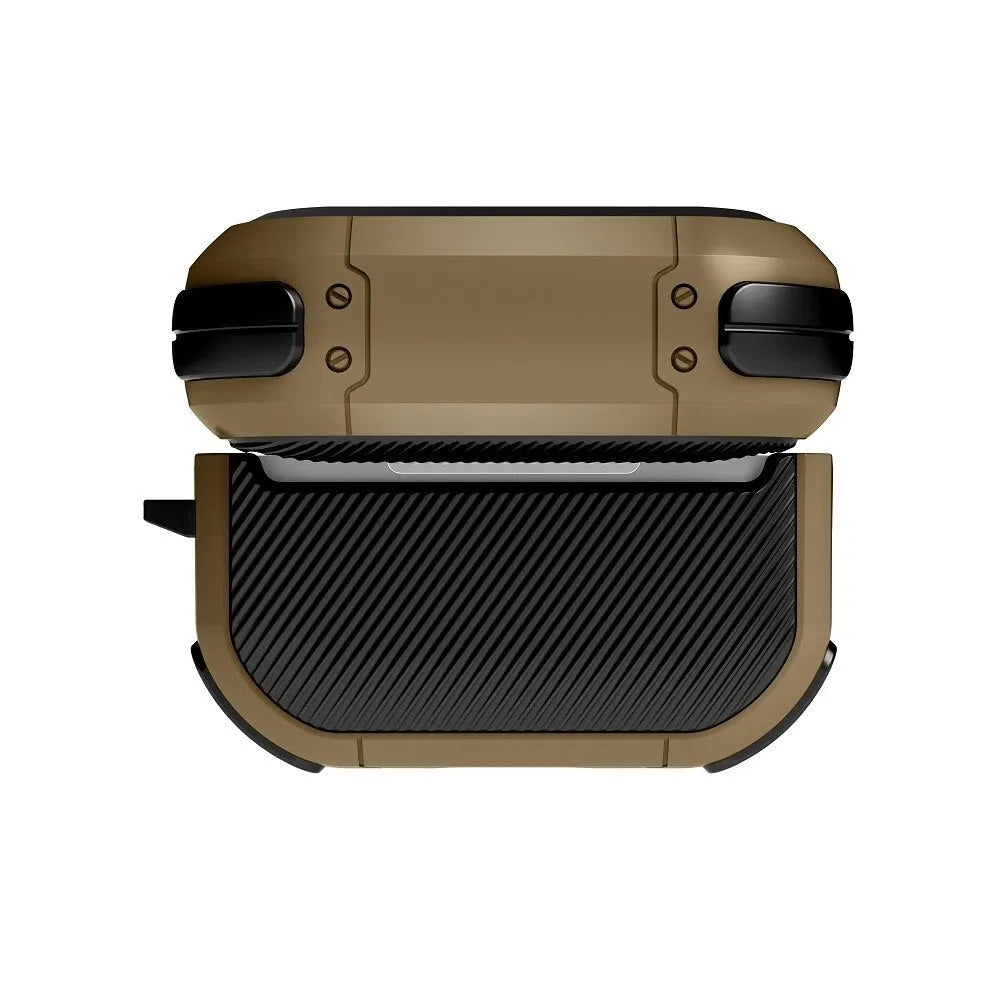 Black TPU and PC protective shell case for Apple AirPods 1, 2 and Pro models on a white background.