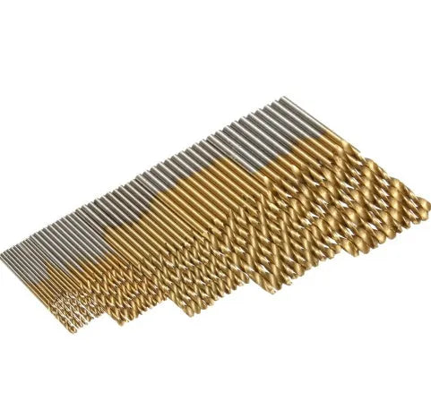 50-piece set of titanium coated high-speed steel twist drill bits arranged in a case
