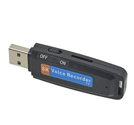Black and white SK-001 SK-868 creative USB flash drive with voice function showing size scale.
