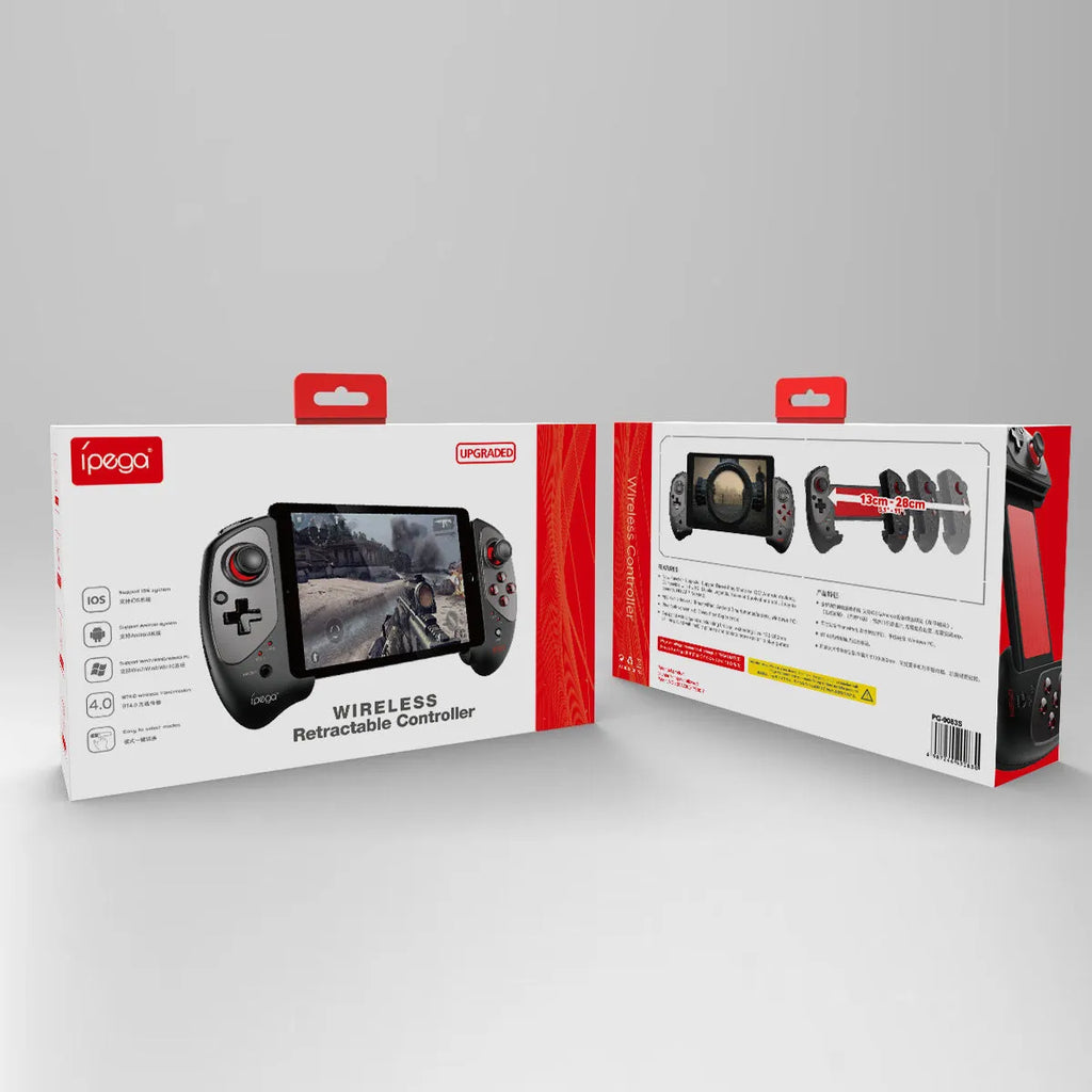 Red telescopic Bluetooth gamepad controller extended with a phone inserted, showing USB cable.