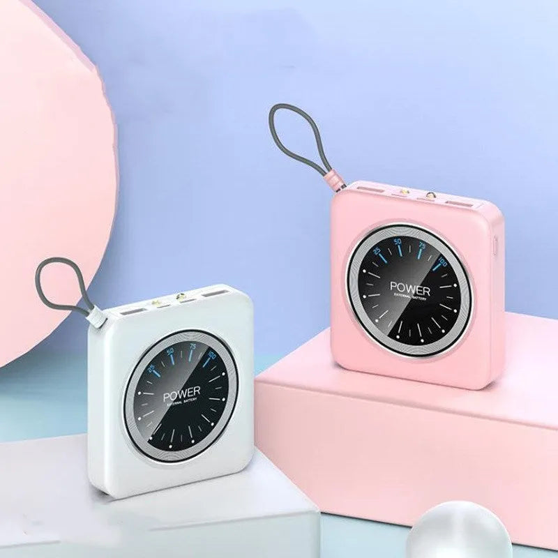 Mini portable power bank charger with a digital clock display on its front face.