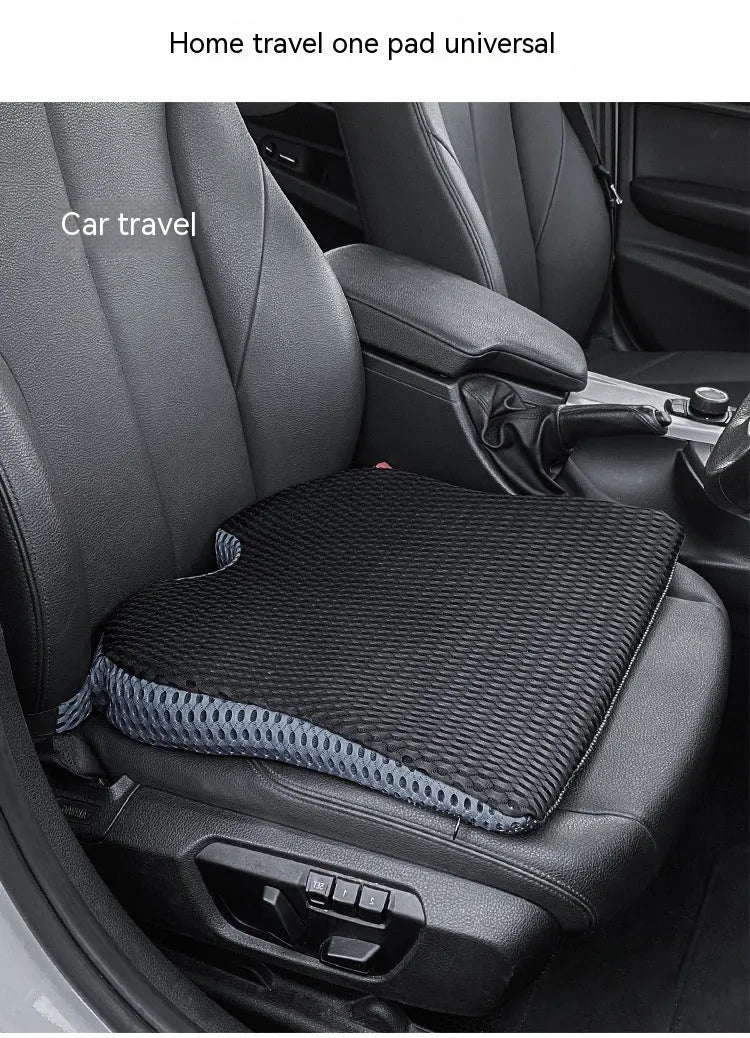 Memory foam car seat cushion with adjustable strap in black, grey and creamy white colours.