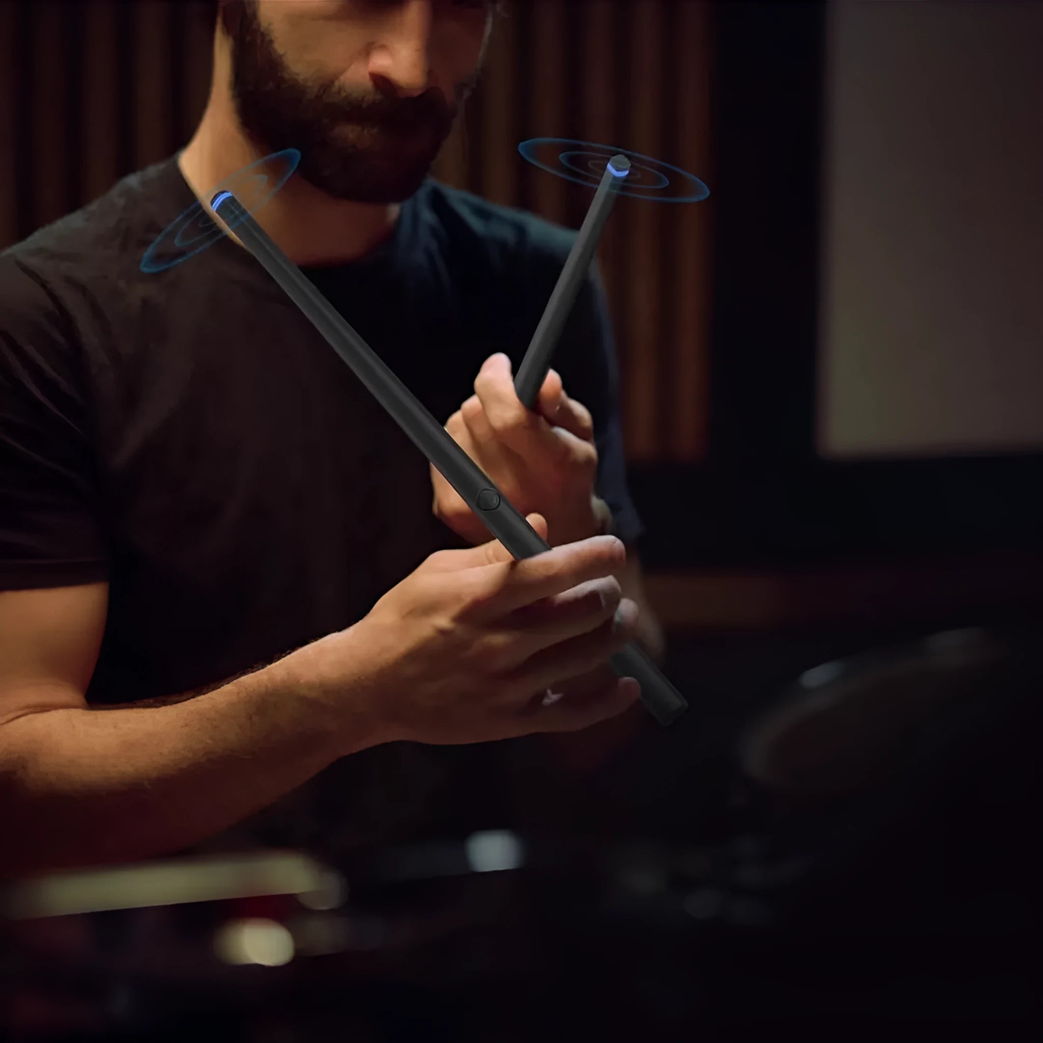 Black somatosensory air drum kit with wireless connectivity and LED lighting for virtual AR drumming