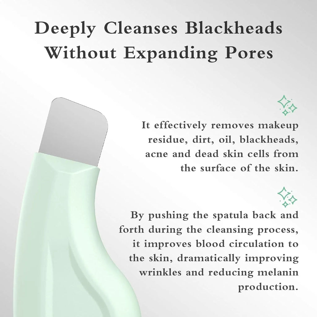 Green stainless steel facial pore scraper tool with a non-slip handle for blackhead removal.