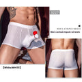 Men's black and white striped nylon boxer briefs on a grey background.