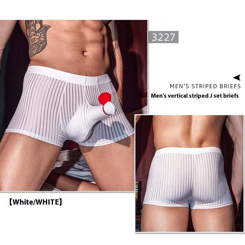 Men's black and white striped nylon boxer briefs on a grey background.
