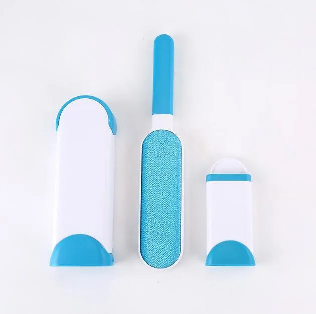Blue reusable pet hair removal comb with a large double-sided sticky brush and a self-cleaning base unit.