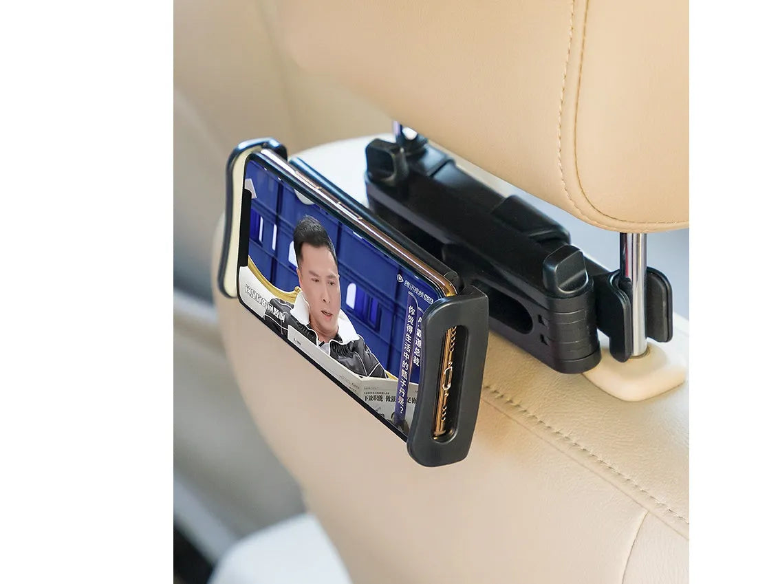 Black plastic universal car phone holder mounted on a car rear seat base.
