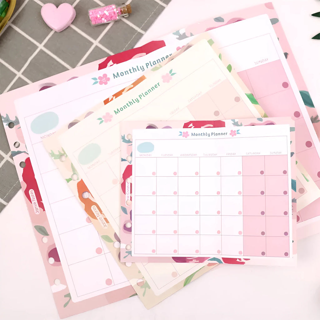 Handbook loose-leaf refills showing A5, A6, and A7 sizes with floral and tri-fold planning layouts