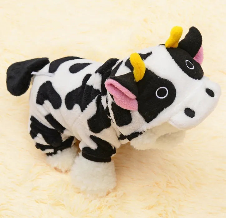 White cow costume hooded pet coat for dogs and cats, sizes XS to XL, with length and bust measurements