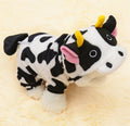 White cow costume hooded pet coat for dogs and cats, sizes XS to XL, with length and bust measurements