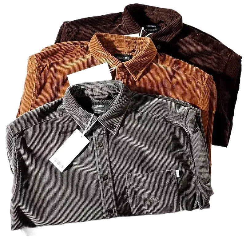 Japanese Hong Kong style corduroy shirt with loose fit and cardigan design in caramel colour