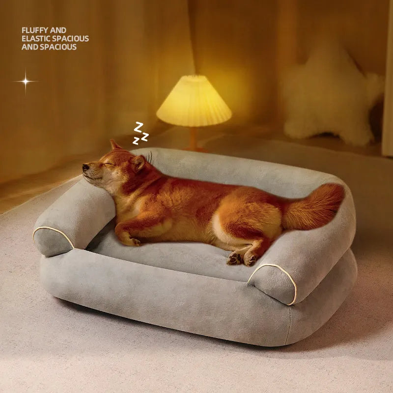 Velvet pet sofa bed for dogs and cats, rectangular shape, available in blue, dark grey, khaki and light grey, sizes from 45x35x18cm to 125x76x26cm