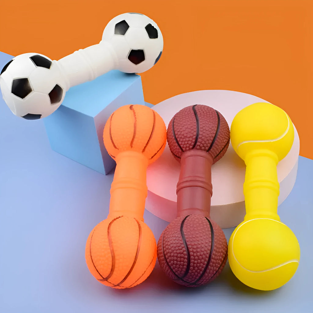 PVC football dumbbell shaped squeaky chew toy for dogs in brown, orange, white, or yellow